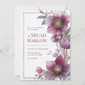 Deep Plum Hellebore Botanical Gold Frame Wedding 招待状