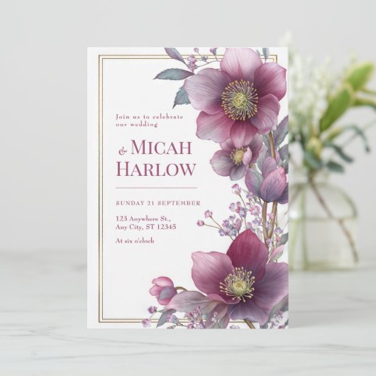 Deep Plum Hellebore Botanical Gold Frame Wedding 招待状 (スタンド正面)