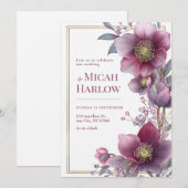 Deep Plum Hellebore Botanical Gold Frame Wedding 招待状 (正面/裏面)