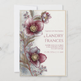 Deep Plum Hellebore Gold Glitter Frame Wedding 招待状