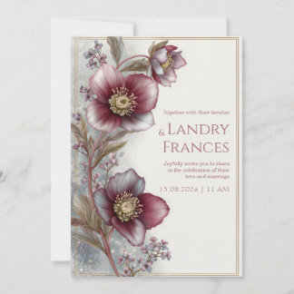 Deep Plum Hellebore Gold Glitter Frame Wedding 招待状