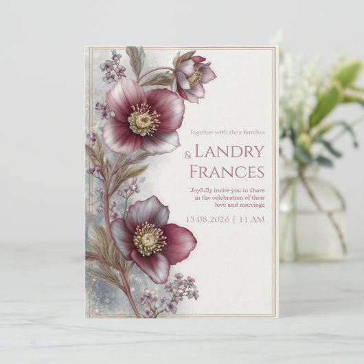 Deep Plum Hellebore Gold Glitter Frame Wedding 招待状 (スタンド正面)