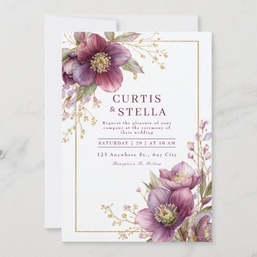 Deep Plum Hellebore Gold Glitter Garland Wedding 招待状 (正面)