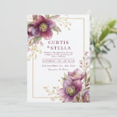 Deep Plum Hellebore Gold Glitter Garland Wedding 招待状 (スタンド正面)