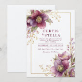 Deep Plum Hellebore Gold Glitter Garland Wedding 招待状 (正面/裏面)