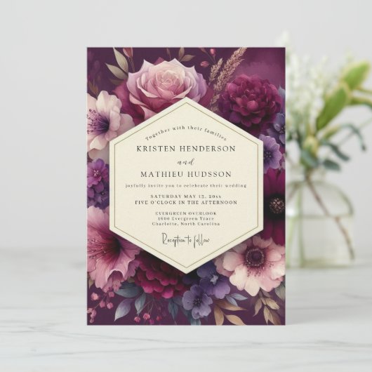 Deep Plum Lush Bloom Wedding 招待状 (スタンド正面)