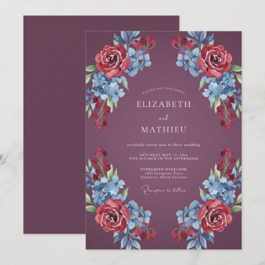Deep Plum Romantic Floral Wedding 招待状 (正面/裏面)