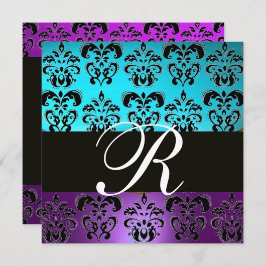 Deep Purple, Black, Teal, Blue, and Turquoise Dama 招待状 (正面/裏面)