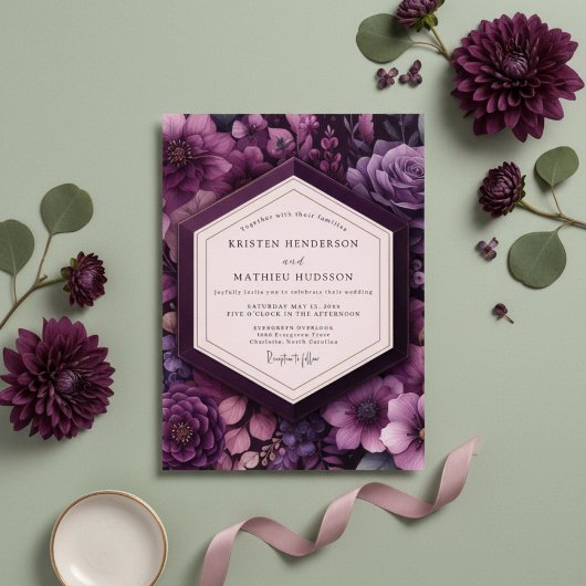 Deep Purple Floral Romance Wedding 招待状