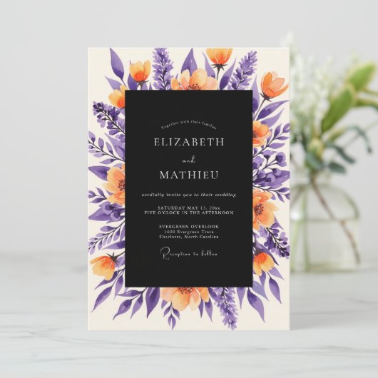 Deep Purple Orange Bold Botanical Wedding 招待状 (スタンド正面)