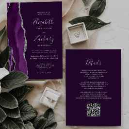 Deep Purple Silver Agate QR Code Wedding 招待状