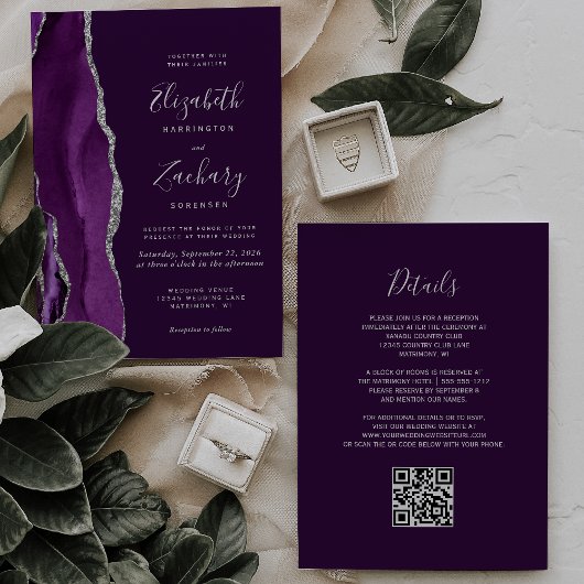 Deep Purple Silver Agate QR Code Wedding 招待状