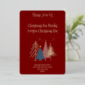 Deep Red 4 Green Pink Gold Christmas Trees  箔招待状 (立ち正面)
