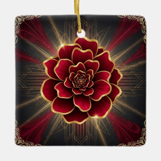 Deep Red Art Deco Flower Ornament with Gold Accent セラミックオーナメント (正面)