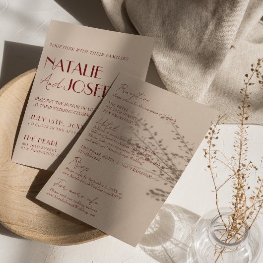 Deep Red Blue All In One Whimsical Modern Wedding  招待状