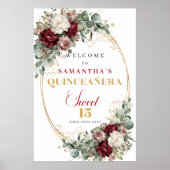 Deep Red Boho Quinceanera Welcome Sign Floral Gold ポスター (正面)