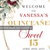 Deep Red Boho Quinceanera Welcome Sign Floral Gold ポスター