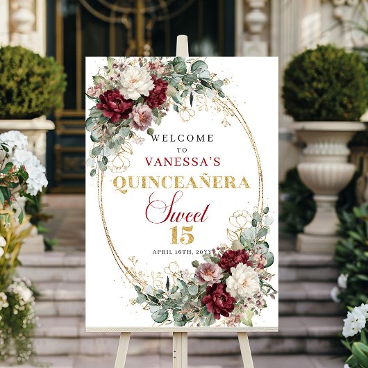 Deep Red Boho Quinceanera Welcome Sign Floral Gold ポスター