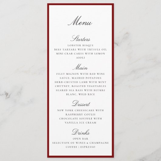 Deep Red Border Wedding Menu Card メニュー (正面)