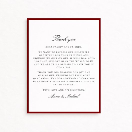 Deep Red Border Wedding Thank You Card セーブザデート