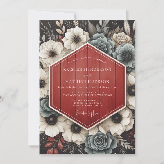 Deep Red Botanical Opulent Wedding 招待状 (正面)