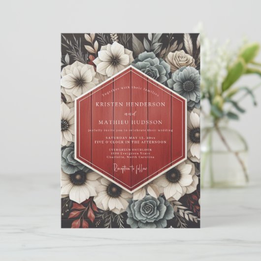 Deep Red Botanical Opulent Wedding 招待状 (スタンド正面)