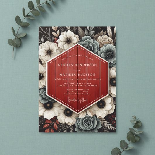 Deep Red Botanical Opulent Wedding 招待状