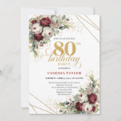 Deep Red Burgundy Flowers Eucalyptus 80th Birthday 招待状 (正面)