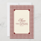 Deep Red Checkered Old Money QR Code Wedding セーブザデート (正面)