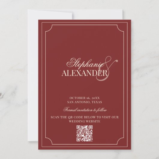 Deep Red Checkered Old Money QR Code Wedding セーブザデート (裏面)