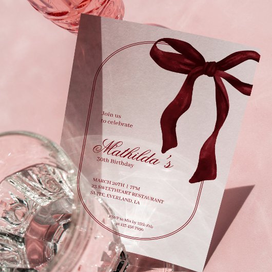 Deep Red Coquette Bow Birthday Invitation 招待状