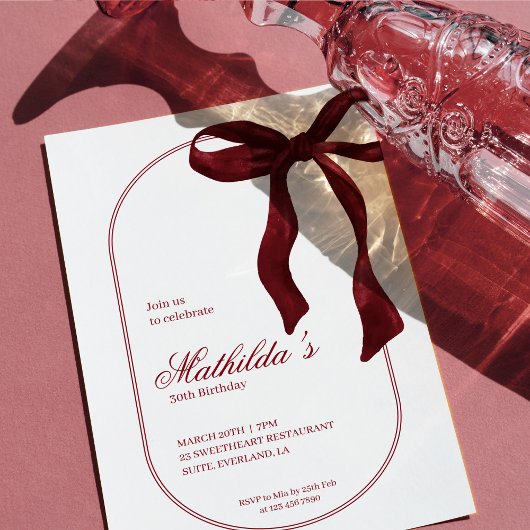 Deep Red Coquette Bow Birthday Invitation 招待状