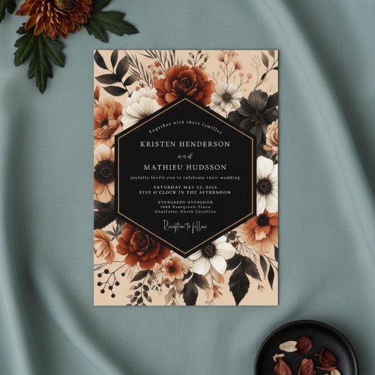 Deep Red Floral Autumn Romance Wedding 招待状