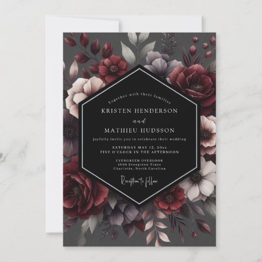 Deep Red Floral Enchantment Wedding 招待状 (正面)