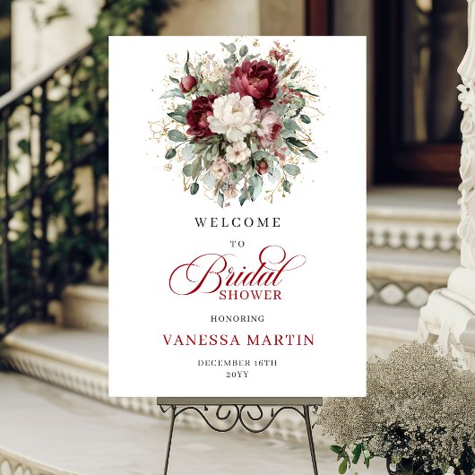 Deep Red Floral Gold Bridal Shower Welcome ポスター