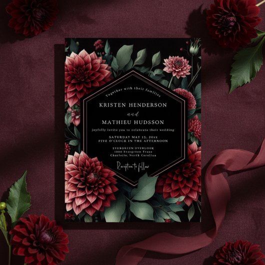 Deep Red Floral Moody Wedding 招待状