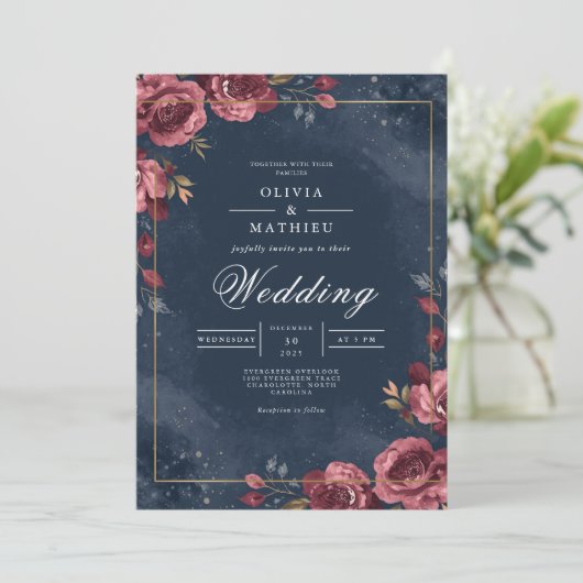Deep Red Floral Navy Arch Wedding 招待状 (スタンド正面)