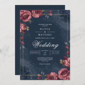 Deep Red Floral Navy Arch Wedding 招待状 (正面/裏面)