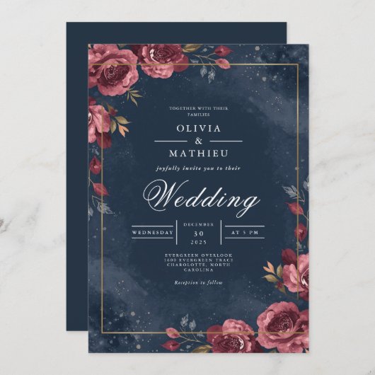 Deep Red Floral Navy Arch Wedding 招待状 (正面/裏面)