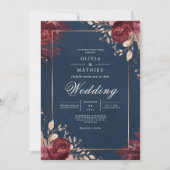 Deep Red Floral Navy Border Wedding 招待状 (正面)