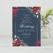 Deep Red Floral Navy Border Wedding 招待状 (スタンド正面)