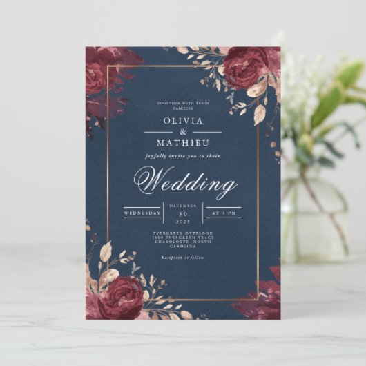 Deep Red Floral Navy Border Wedding 招待状 (スタンド正面)