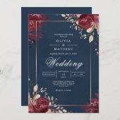 Deep Red Floral Navy Border Wedding 招待状 (正面/裏面)