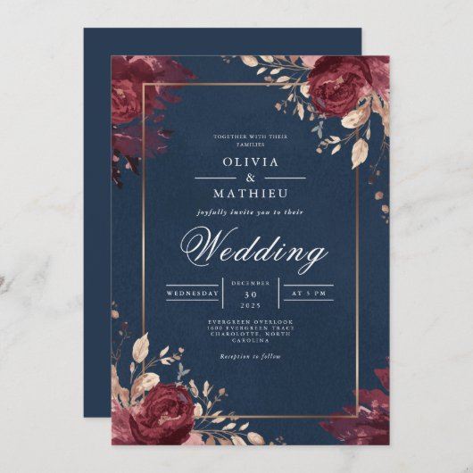 Deep Red Floral Navy Border Wedding 招待状 (正面/裏面)