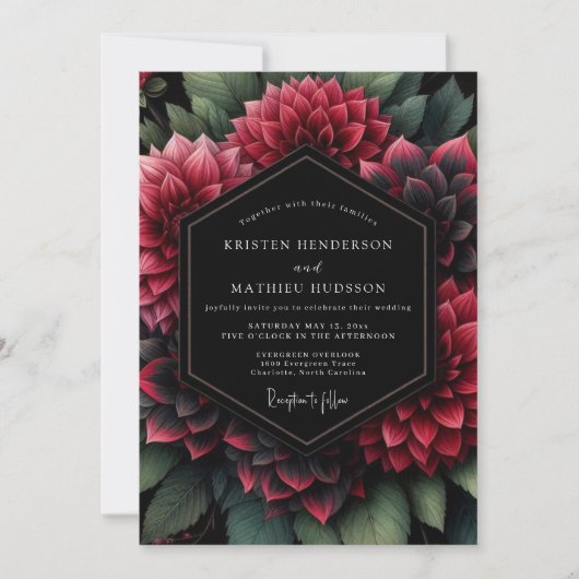 Deep Red Floral Opulent Wedding 招待状 (正面)
