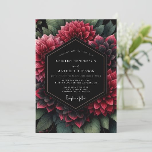 Deep Red Floral Opulent Wedding 招待状 (スタンド正面)