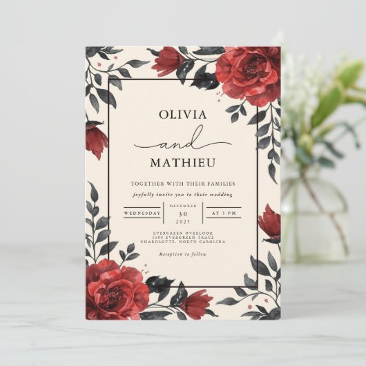 Deep Red Floral Romantic Wedding 招待状 (スタンド正面)