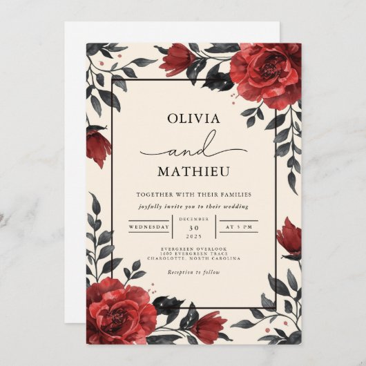 Deep Red Floral Romantic Wedding 招待状 (正面/裏面)