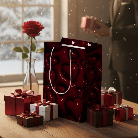 Deep Red Glossy Hearts Gift Bag ミディアムペーパーバッグ