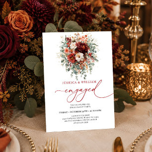 Deep Red Gold Burgundy Floral Autumn engagement in 招待状